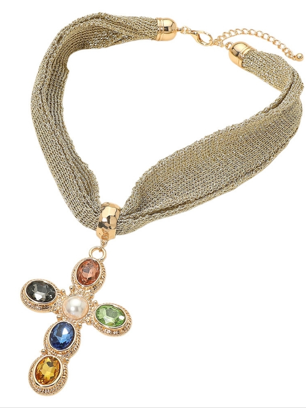 Pearl Center Oval Stone Accent Cross Pendant Mesh Chain Statement Necklace